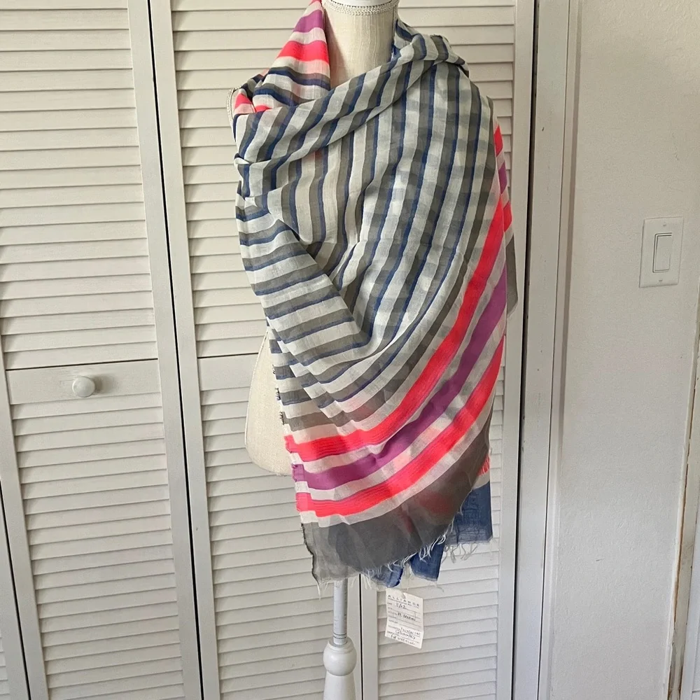 Lightweight Striped Cotton-Blend Scarf‎ in Blue & White with Pink & Red Accents